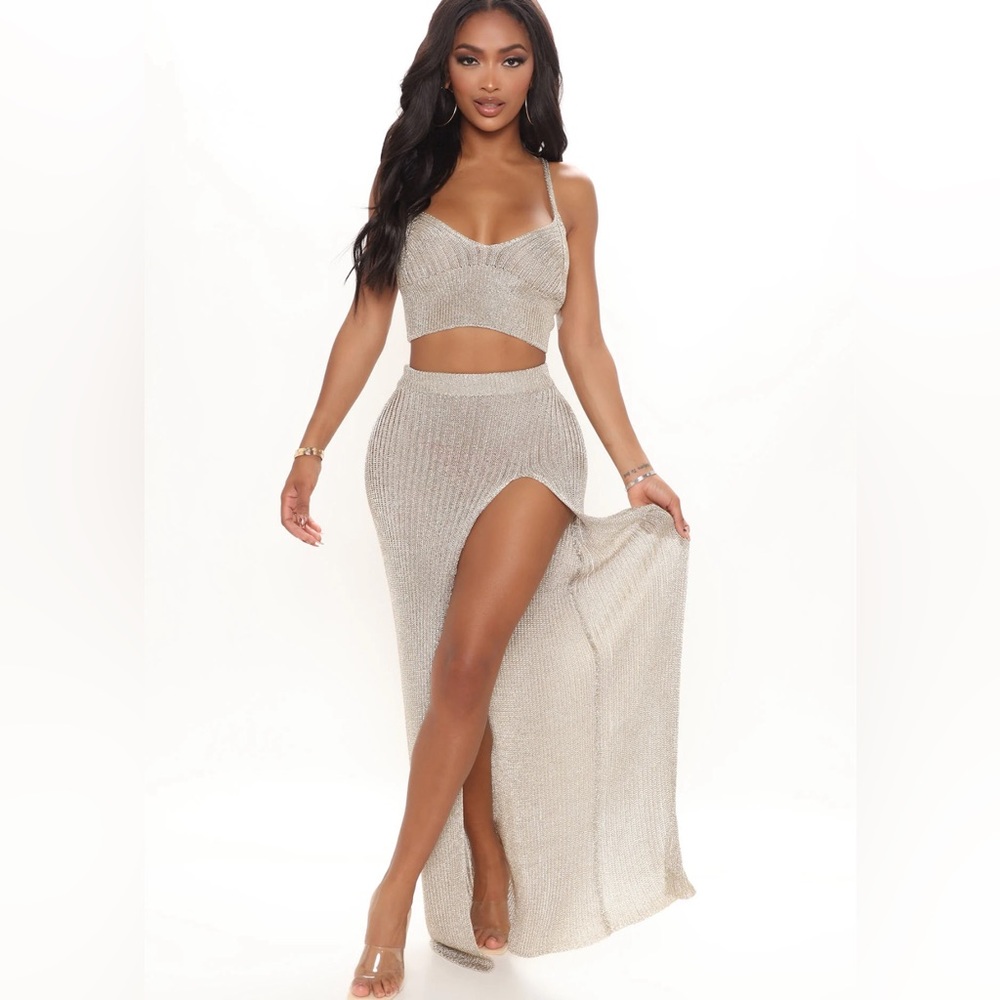 Fashion Nova Shimmery Champagne Two-Piece Maxi Dress
